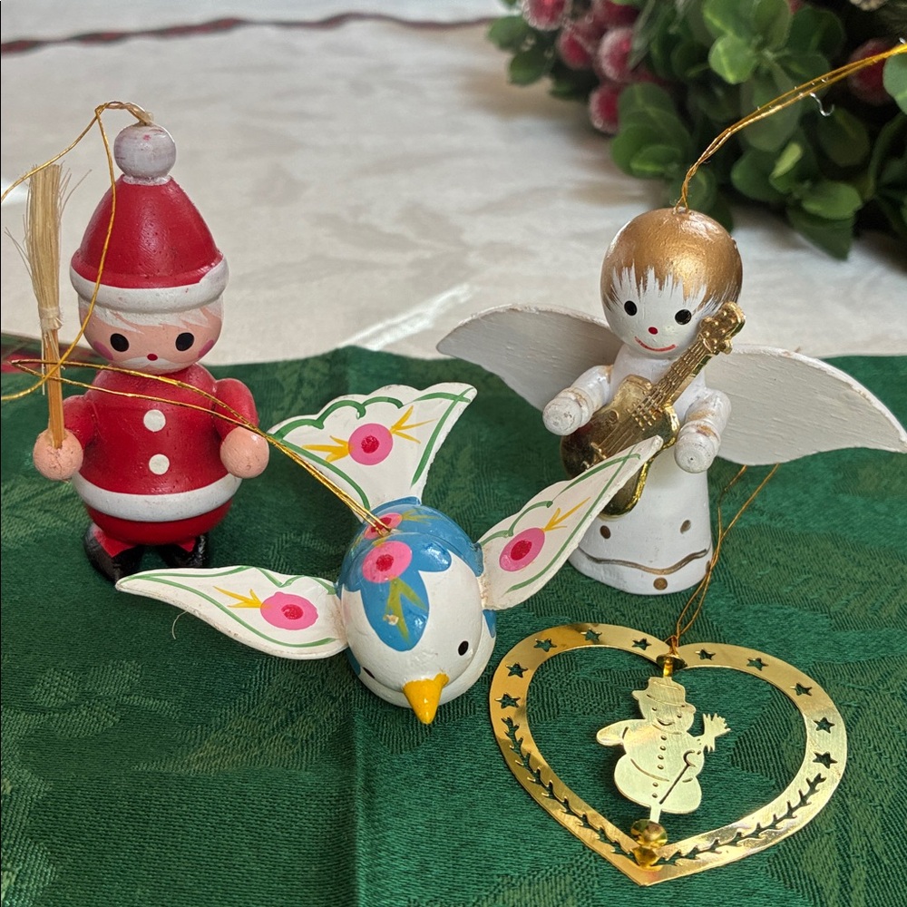 Vintage Wooden Crafted Holiday Ornaments Set - Red, White, Gold